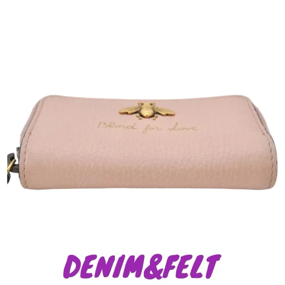 🐝GUCCI Pink Cellarius Calfskin Blind For Love Animalier‎ Zip  Key Case/Pouch